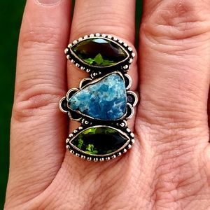 New Rough Blue Kyanite & Peridot 925 Silver Ring.
